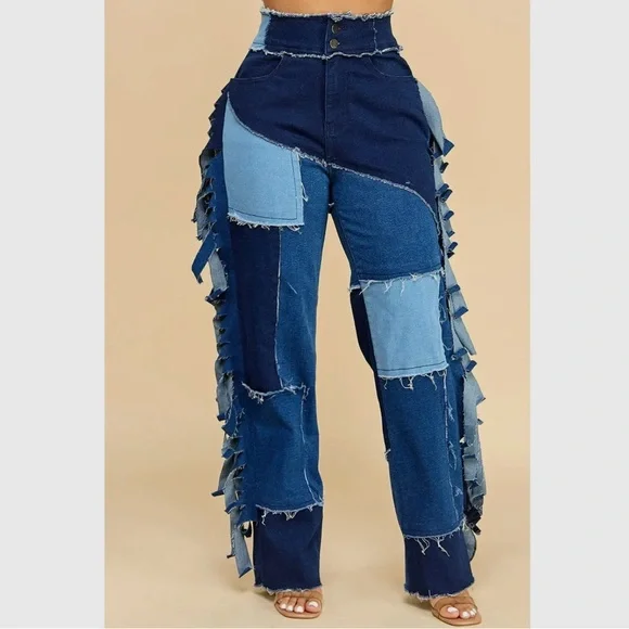Fringe Drama Patchwork Jeans – High Waist Flare Denim in Plus Sizes - Picture 1 of 6